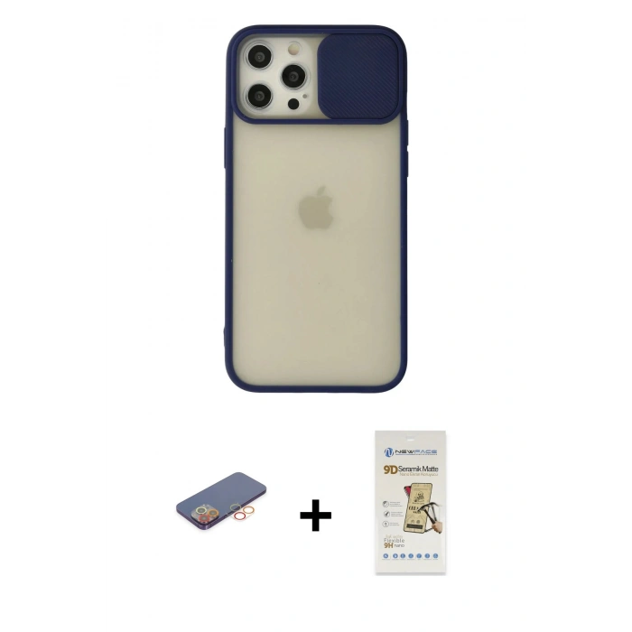 MARSİLYAN™- iPhone 12 Pro Max Kılıf Vadi Çizgi - Siyah Mat Seramik Nano Ekran Koruyucu + Renkli Kamera Lens Koruma Cam - TU