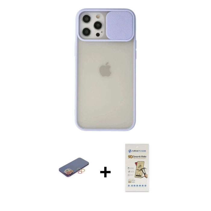 MARSİLYAN™- iPhone 12 Pro Max Kılıf Vadi Çizgi - Siyah Mat Seramik Nano Ekran Koruyucu + Renkli Kamera Lens Koruma Cam - TU