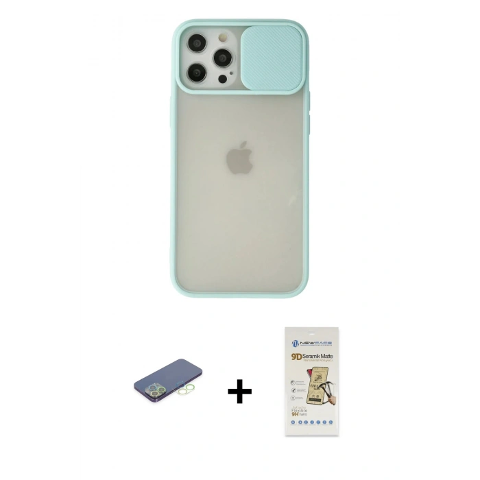 MARSİLYAN™- iPhone 12 Pro Max Kılıf Vadi Çizgi - Siyah Mat Seramik Nano Ekran Koruyucu + Renkli Kamera Lens Koruma Cam - YL