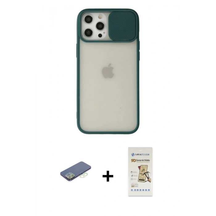 MARSİLYAN™- iPhone 12 Pro Max Kılıf Vadi Çizgi - Siyah Mat Seramik Nano Ekran Koruyucu + Renkli Kamera Lens Koruma Cam - YL
