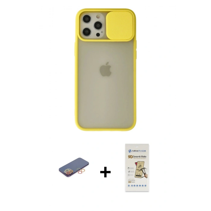 MARSİLYAN™- iPhone 12 Pro Max Kılıf Vadi Çizgi - Siyah Mat Seramik Nano Ekran Koruyucu + Renkli Kamera Lens Koruma Cam - TU