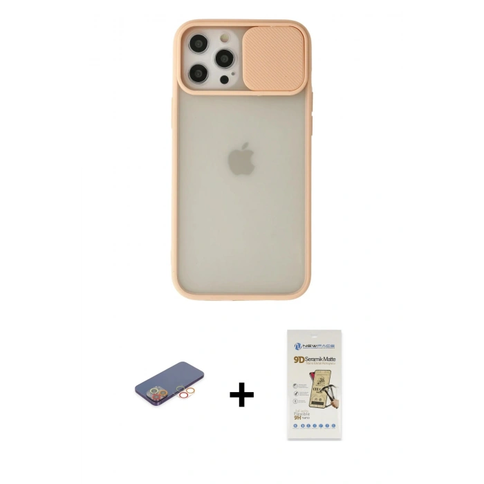 MARSİLYAN™- iPhone 12 Pro Max Kılıf Vadi Çizgi - Siyah Mat Seramik Nano Ekran Koruyucu + Renkli Kamera Lens Koruma Cam - TU