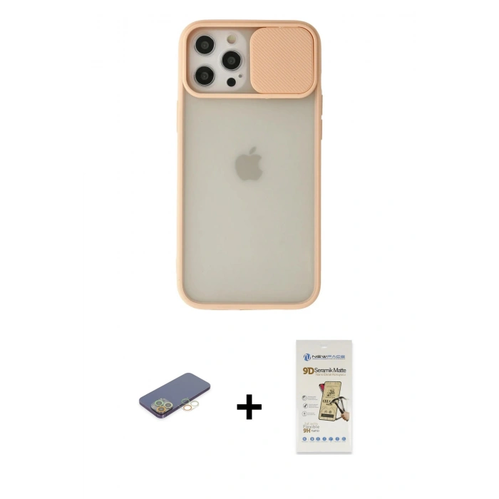 MARSİLYAN™- iPhone 12 Pro Max Kılıf Vadi Çizgi - Siyah Mat Seramik Nano Ekran Koruyucu + Renkli Kamera Lens Koruma Cam - SI