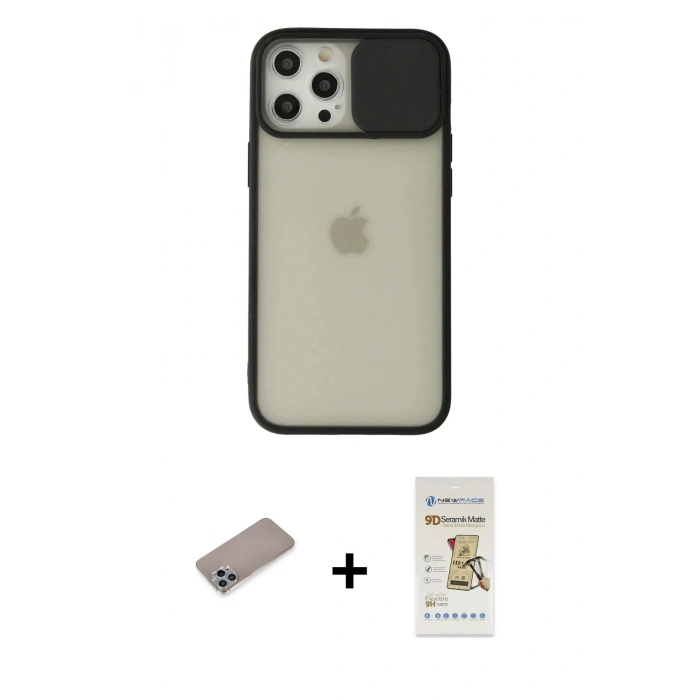 MARSİLYAN™- iPhone 12 Pro Max Kılıf Vadi Çizgi - Siyah Mat Seramik Nano Ekran Koruyucu + Shine Kamera Lens Koruma Cam - SABE