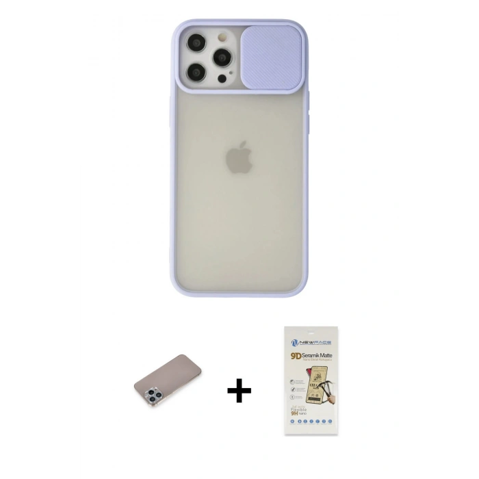 MARSİLYAN™- iPhone 12 Pro Max Kılıf Vadi Çizgi - Siyah Mat Seramik Nano Ekran Koruyucu + Shine Kamera Lens Koruma Cam - SABE