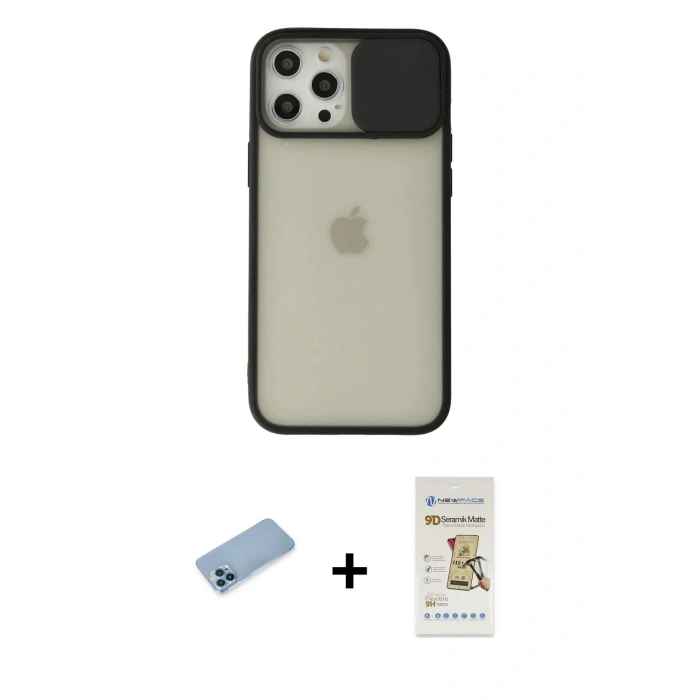 MARSİLYAN™- iPhone 12 Pro Max Kılıf Vadi Çizgi - Siyah Mat Seramik Nano Ekran Koruyucu + Shine Kamera Lens Koruma Cam - MI