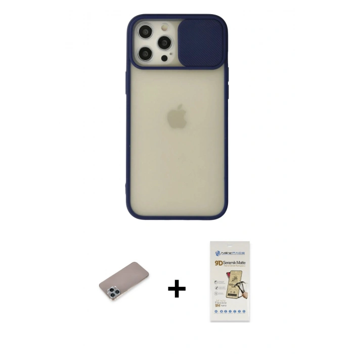 MARSİLYAN™- iPhone 12 Pro Max Kılıf Vadi Çizgi - Siyah Mat Seramik Nano Ekran Koruyucu + Shine Kamera Lens Koruma Cam - SABE