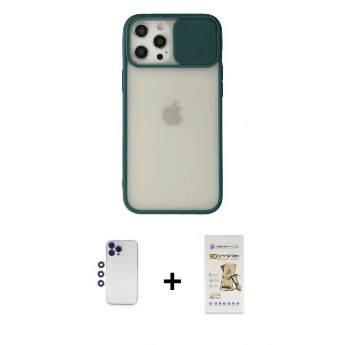 MARSİLYAN™- iPhone 12 Pro Max Kılıf Vadi Çizgi - Siyah Mat Seramik Nano Ekran Koruyucu + Shine Kamera Lens - LT