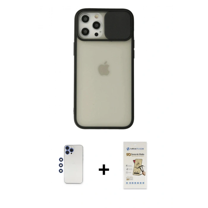 MARSİLYAN™- iPhone 12 Pro Max Kılıf Vadi Çizgi - Siyah Mat Seramik Nano Ekran Koruyucu + Shine Kamera Lens - LT