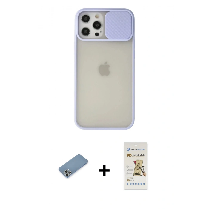 MARSİLYAN™- iPhone 12 Pro Max Kılıf Vadi Çizgi - Siyah Mat Seramik Nano Ekran Koruyucu + Shine Kamera Lens Koruma Cam - GS