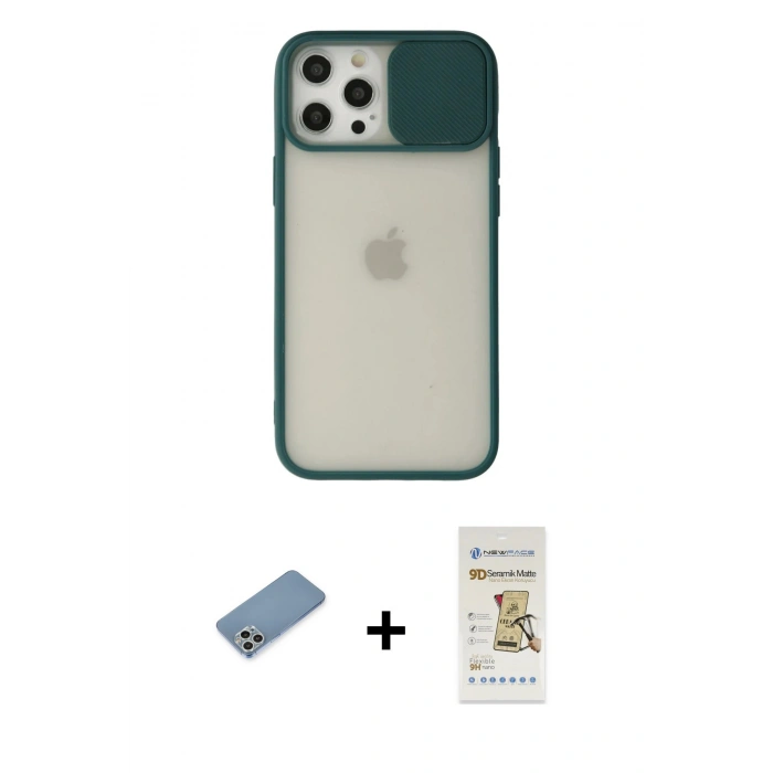 MARSİLYAN™- iPhone 12 Pro Max Kılıf Vadi Çizgi - Siyah Mat Seramik Nano Ekran Koruyucu + Shine Kamera Lens Koruma Cam - GS