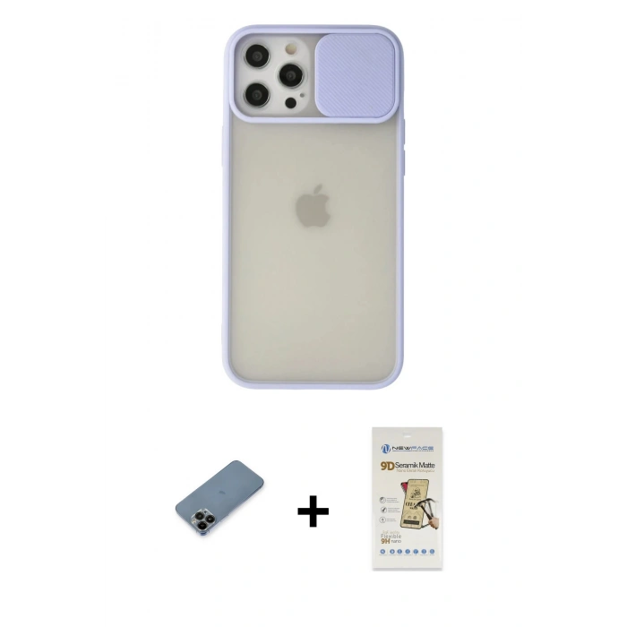 MARSİLYAN™- iPhone 12 Pro Max Kılıf Vadi Çizgi - Siyah Mat Seramik Nano Ekran Koruyucu + Shine Kamera Lens Koruma Cam - SH