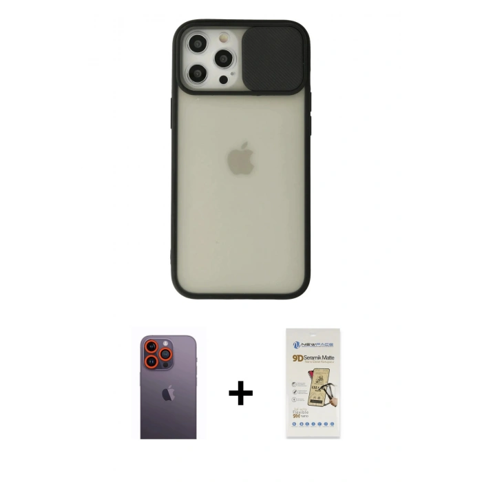 MARSİLYAN™- iPhone 12 Pro Max Kılıf Vadi Çizgi - Siyah Mat Seramik Nano Ekran Koruyucu + Turuncu Neon Fosforlu Kamera Lens