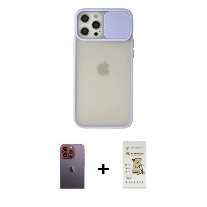 MARSİLYAN™- iPhone 12 Pro Max Kılıf Vadi Çizgi - Siyah Mat Seramik Nano Ekran Koruyucu + Turuncu Neon Fosforlu Kamera Lens