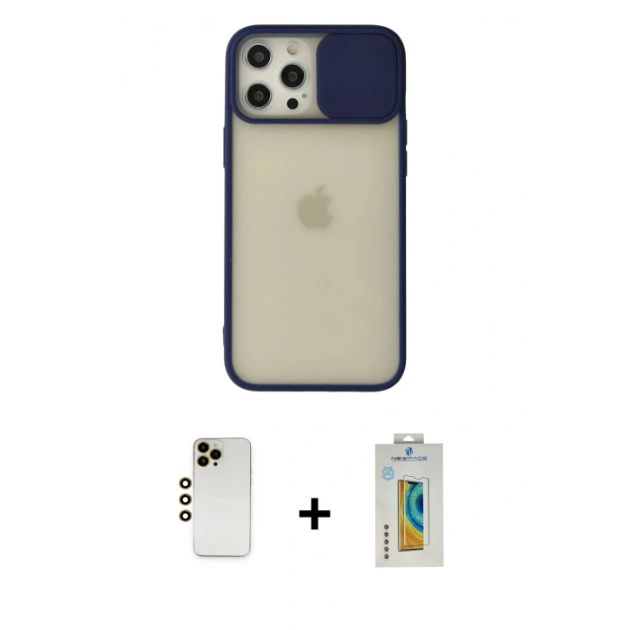 MARSİLYAN™- iPhone 12 Pro Max Kılıf Vadi Çizgi - Siyah Polymer Nano Ekran Koruyucu + Gold Shine Kamera Lens