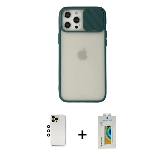 MARSİLYAN™- iPhone 12 Pro Max Kılıf Vadi Çizgi - Siyah Polymer Nano Ekran Koruyucu + Gold Shine Kamera Lens