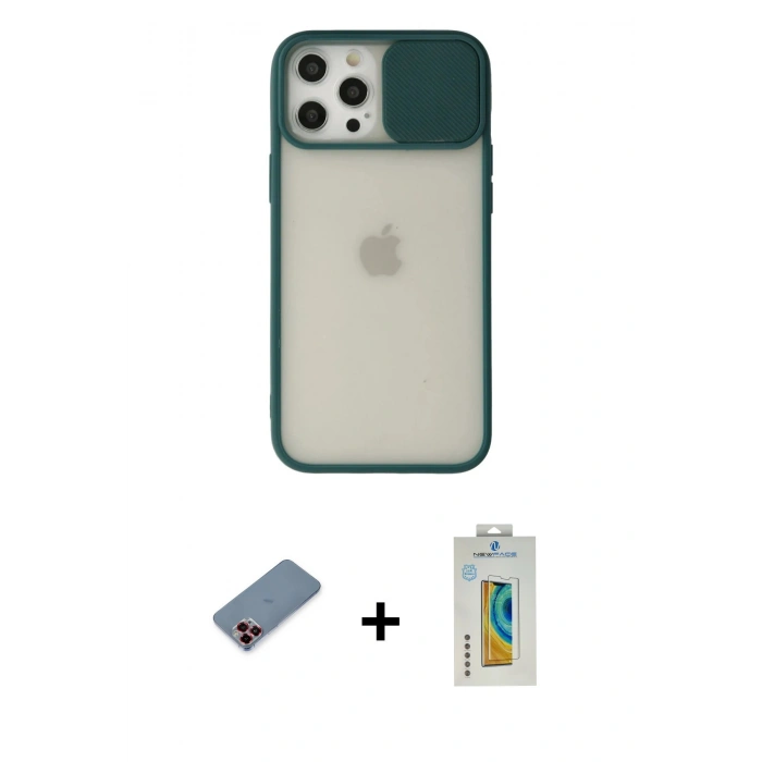 MARSİLYAN™- iPhone 12 Pro Max Kılıf Vadi Çizgi - Siyah Polymer Nano Ekran Koruyucu + Metal Kamera Lens Koruma Cam - KI