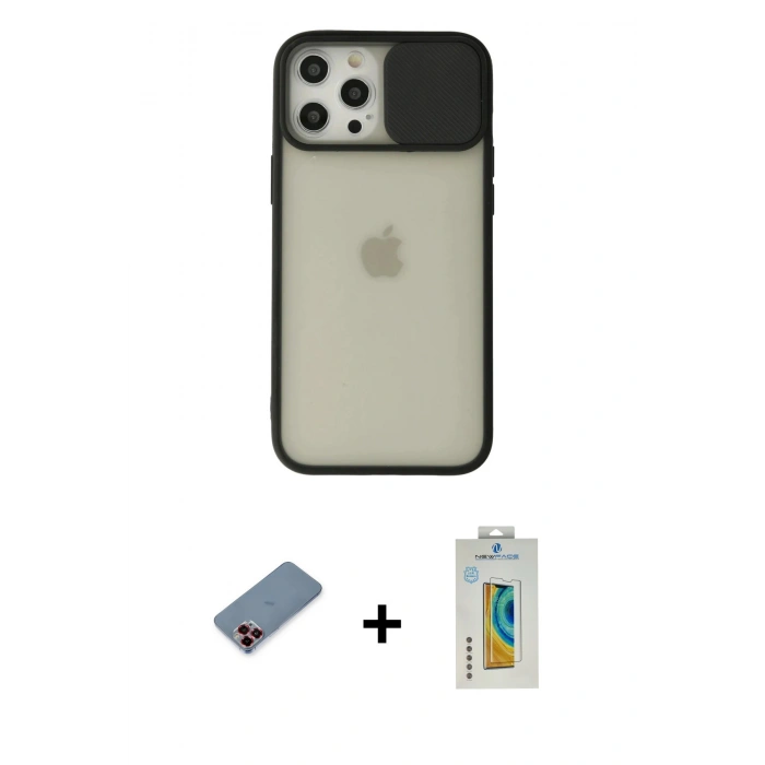 MARSİLYAN™- iPhone 12 Pro Max Kılıf Vadi Çizgi - Siyah Polymer Nano Ekran Koruyucu + Metal Kamera Lens Koruma Cam - KI