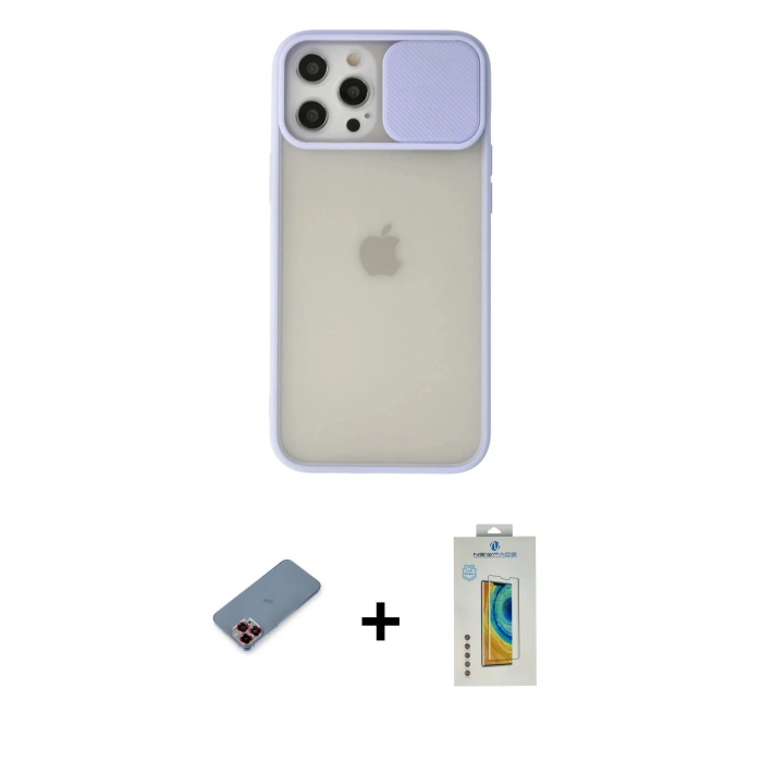 MARSİLYAN™- iPhone 12 Pro Max Kılıf Vadi Çizgi - Siyah Polymer Nano Ekran Koruyucu + Metal Kamera Lens Koruma Cam - KI