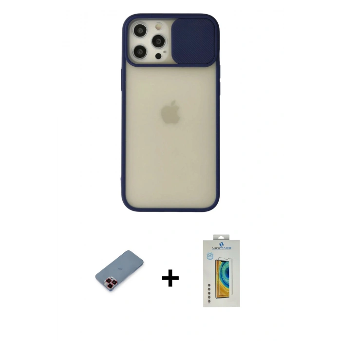 MARSİLYAN™- iPhone 12 Pro Max Kılıf Vadi Çizgi - Siyah Polymer Nano Ekran Koruyucu + Metal Kamera Lens Koruma Cam - KI