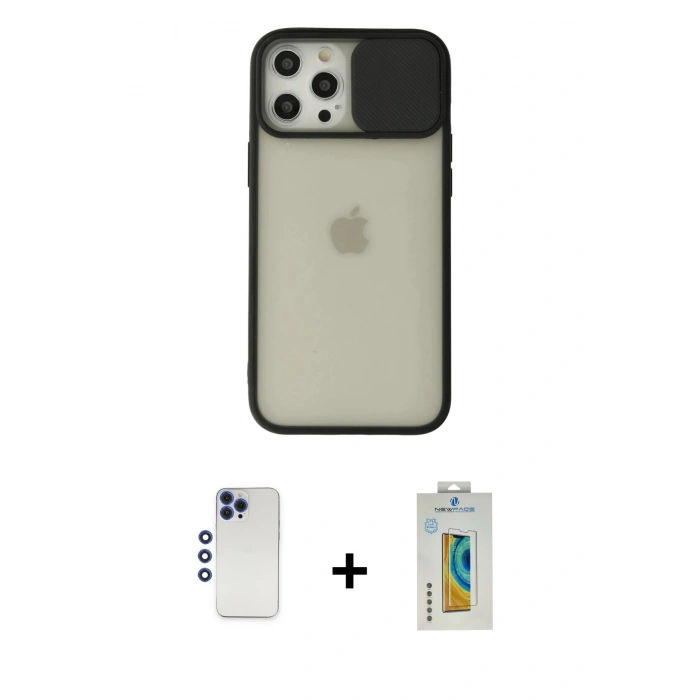 MARSİLYAN™- iPhone 12 Pro Max Kılıf Vadi Çizgi - Siyah Polymer Nano Ekran Koruyucu + Shine Kamera Lens - LT