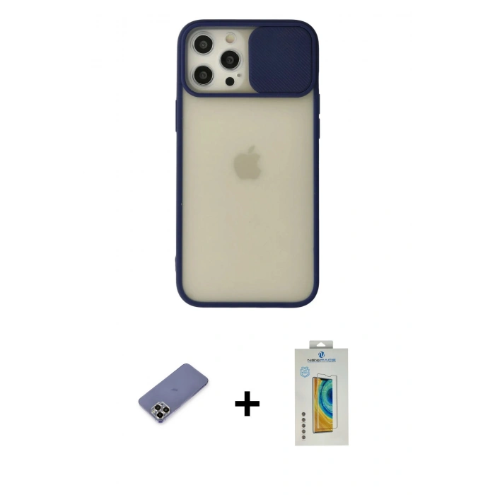 MARSİLYAN™- iPhone 12 Pro Max Kılıf Vadi Çizgi - Siyah Polymer Nano Ekran Koruyucu + Metal Kamera Lens Koruma Cam - GD