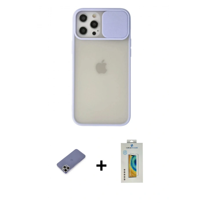 MARSİLYAN™- iPhone 12 Pro Max Kılıf Vadi Çizgi - Siyah Polymer Nano Ekran Koruyucu + Metal Kamera Lens Koruma Cam - GD