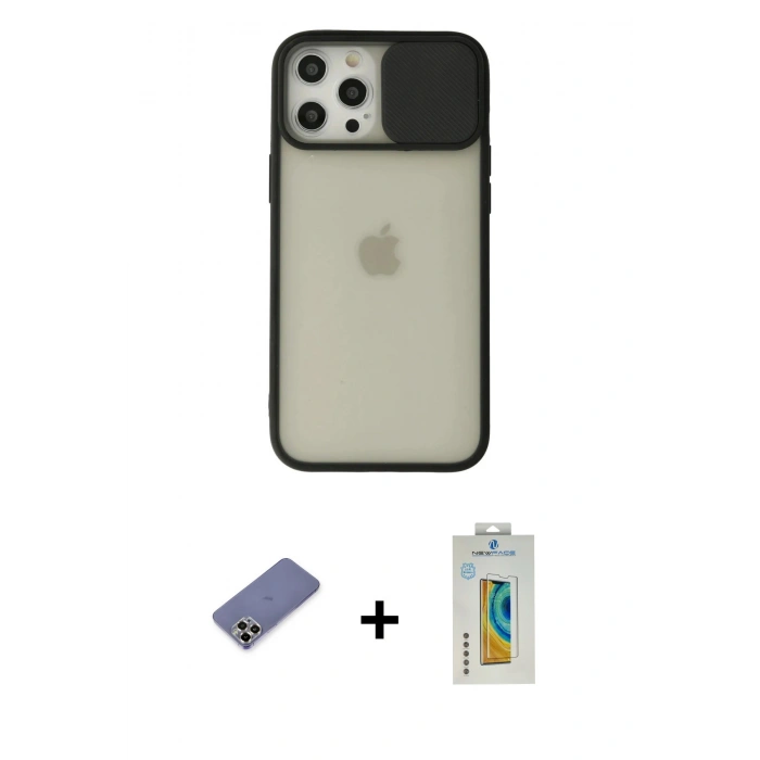 MARSİLYAN™- iPhone 12 Pro Max Kılıf Vadi Çizgi - Siyah Polymer Nano Ekran Koruyucu + Metal Kamera Lens Koruma Cam - GD