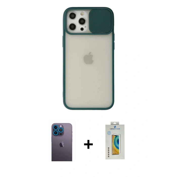 MARSİLYAN™- iPhone 12 Pro Max Kılıf Vadi Çizgi - Siyah Polymer Nano Ekran Koruyucu + Neon Fosforlu Kamera Lens - MI