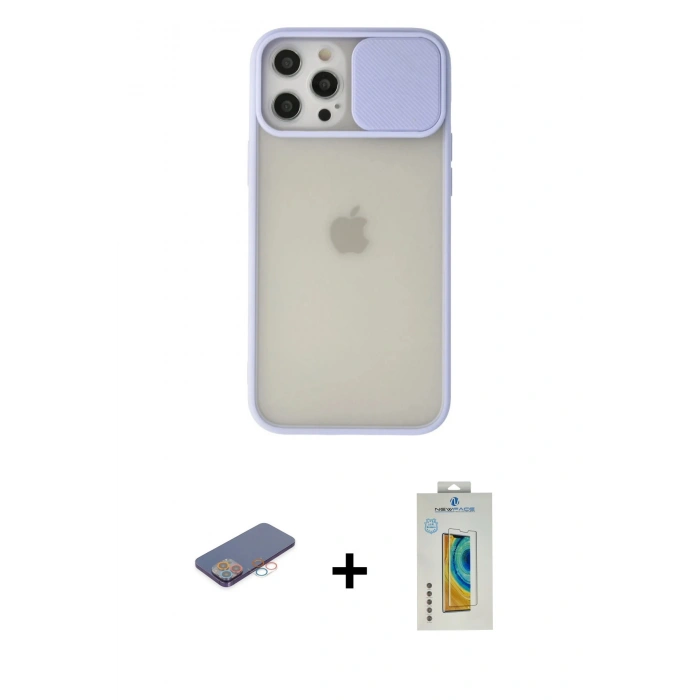 MARSİLYAN™- iPhone 12 Pro Max Kılıf Vadi Çizgi - Siyah Polymer Nano Ekran Koruyucu + Renkli Kamera Lens Koruma Cam - PE