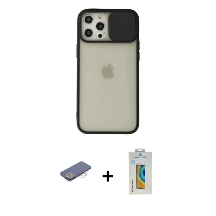 MARSİLYAN™- iPhone 12 Pro Max Kılıf Vadi Çizgi - Siyah Polymer Nano Ekran Koruyucu + Renkli Kamera Lens Koruma Cam - MI