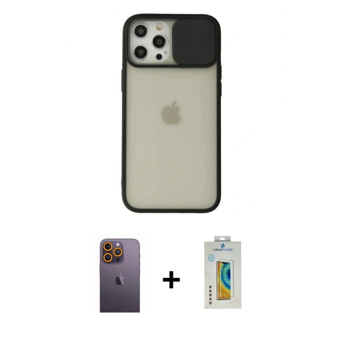 MARSİLYAN™- iPhone 12 Pro Max Kılıf Vadi Çizgi - Siyah Polymer Nano Ekran Koruyucu + Sarı Neon Fosforlu Kamera Lens