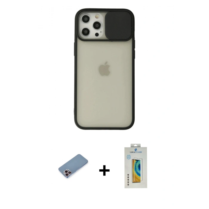 MARSİLYAN™- iPhone 12 Pro Max Kılıf Vadi Çizgi - Siyah Polymer Nano Ekran Koruyucu + Shine Kamera Lens Koruma Cam - PE