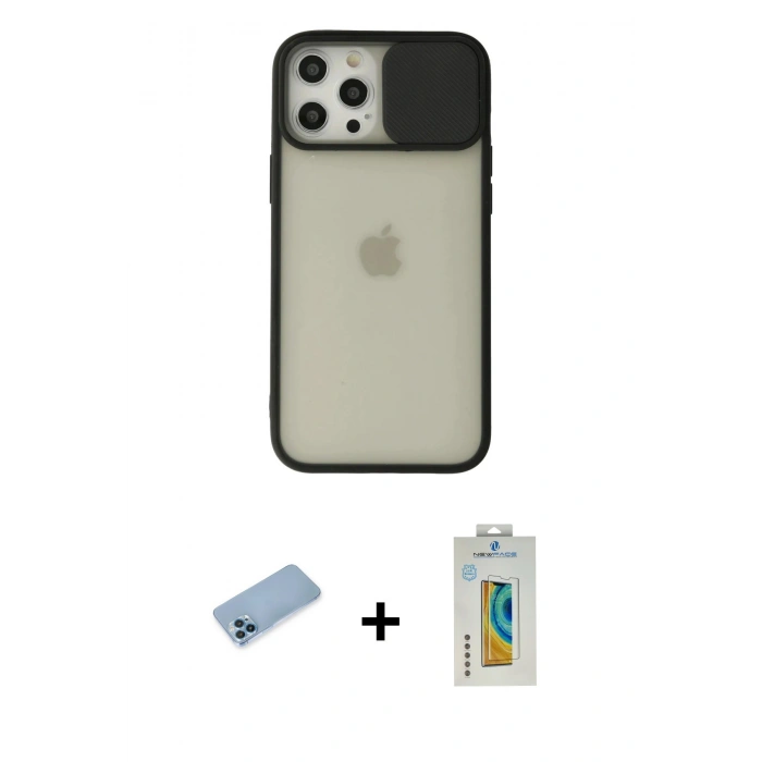 MARSİLYAN™- iPhone 12 Pro Max Kılıf Vadi Çizgi - Siyah Polymer Nano Ekran Koruyucu + Shine Kamera Lens Koruma Cam - MI