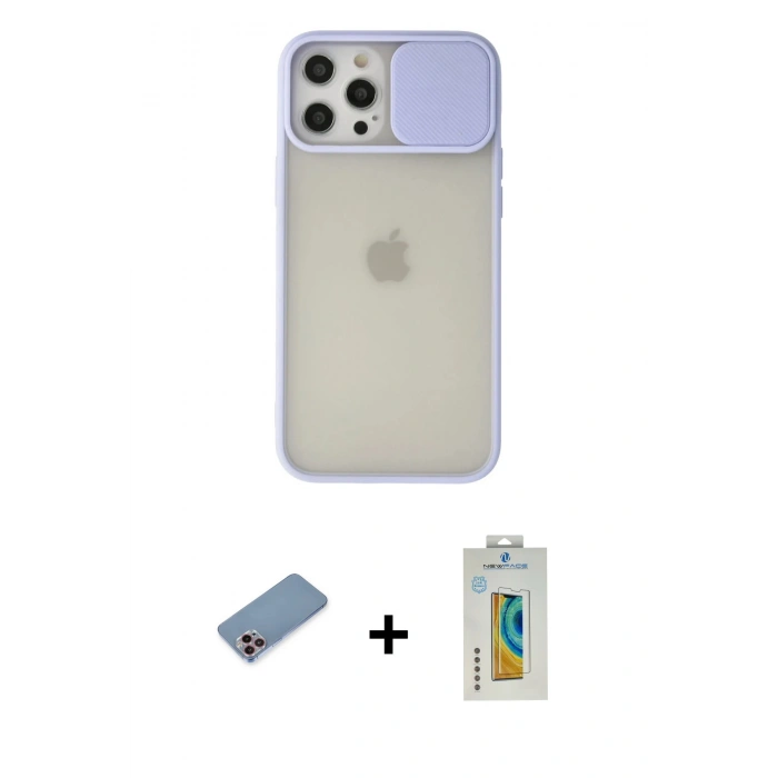 MARSİLYAN™- iPhone 12 Pro Max Kılıf Vadi Çizgi - Siyah Polymer Nano Ekran Koruyucu + Shine Kamera Lens Koruma Cam - PE