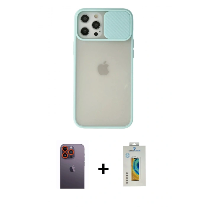 MARSİLYAN™- iPhone 12 Pro Max Kılıf Vadi Çizgi - Siyah Polymer Nano Ekran Koruyucu + Neon Fosforlu Kamera Lens - TU