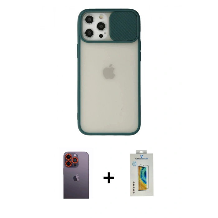 MARSİLYAN™- iPhone 12 Pro Max Kılıf Vadi Çizgi - Siyah Polymer Nano Ekran Koruyucu + Neon Fosforlu Kamera Lens - TU