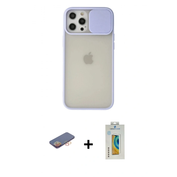 MARSİLYAN™- iPhone 12 Pro Max Kılıf Vadi Çizgi - Siyah Polymer Nano Ekran Koruyucu + Renkli Kamera Lens Koruma Cam - TU
