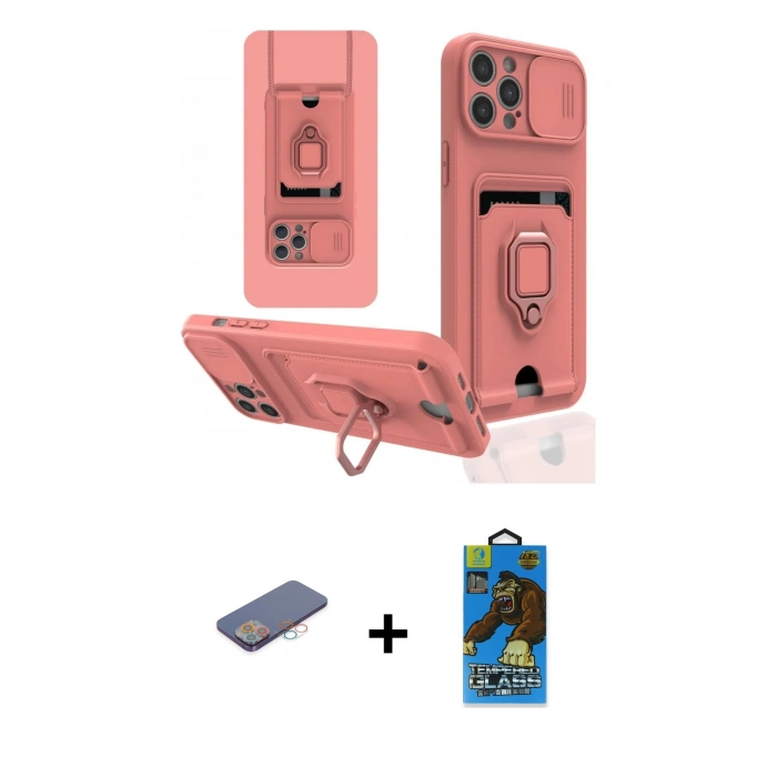 MARSİLYAN™- iPhone 12 Pro Max Kılıf Vadi Form Prime - Siyah 18D Cam Ekran Koruyucu + Pembe Renkli Kamera Lens Koruma Cam