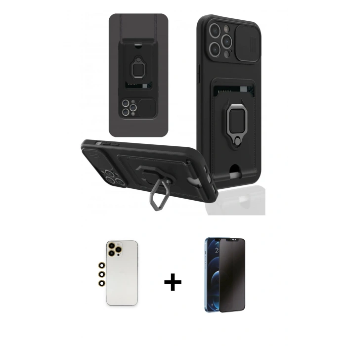 MARSİLYAN™- iPhone 12 Pro Max Kılıf Vadi Form Prime - Siyah 3D Antistatik Hayalet Cam Ekran Koruyucu + Gold Shine Kamera Lens