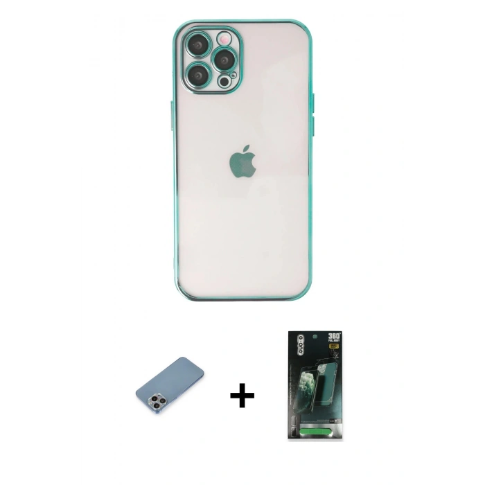 MARSİLYAN™- iPhone 12 Pro Max Kılıf Vadi Minimal - Şeffaf 360 Full Body Arka Koruyucu + Shine Kamera Lens Koruma Cam - GI