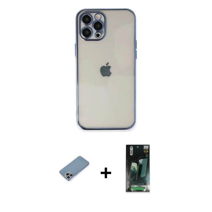 MARSİLYAN™- iPhone 12 Pro Max Kılıf Vadi Minimal - Şeffaf 360 Full Body Arka Koruyucu + Shine Kamera Lens Koruma Cam - GI
