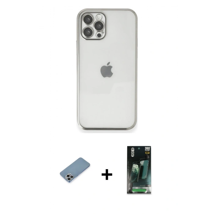 MARSİLYAN™- iPhone 12 Pro Max Kılıf Vadi Minimal - Şeffaf 360 Full Body Arka Koruyucu + Shine Kamera Lens Koruma Cam - GI