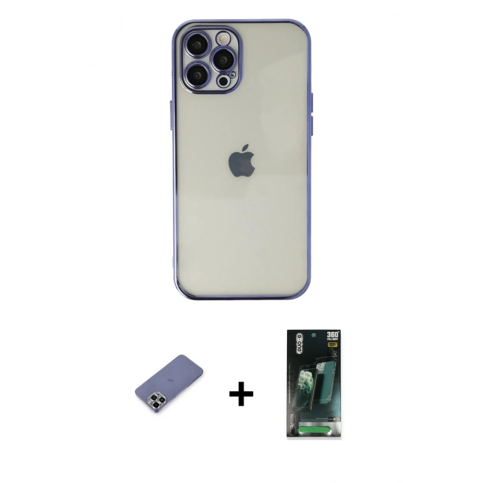 MARSİLYAN™- iPhone 12 Pro Max Kılıf Vadi Minimal - Şeffaf 360 Full Body Arka Koruyucu + Metal Kamera Lens Koruma Cam - GD