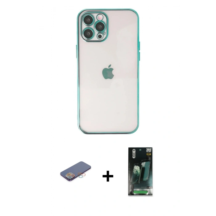 MARSİLYAN™- iPhone 12 Pro Max Kılıf Vadi Minimal - Şeffaf 360 Full Body Arka Koruyucu + Pembe Renkli Kamera Lens Koruma Cam