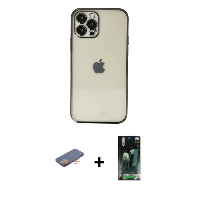 MARSİLYAN™- iPhone 12 Pro Max Kılıf Vadi Minimal - Şeffaf 360 Full Body Arka Koruyucu + Renkli Kamera Lens Koruma Cam - TU