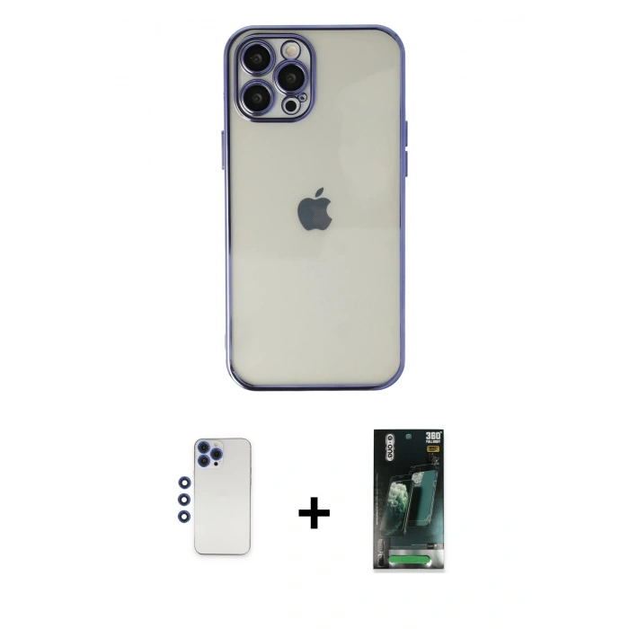 MARSİLYAN™- iPhone 12 Pro Max Kılıf Vadi Minimal - Şeffaf 360 Full Body Arka Koruyucu + Shine Kamera Lens - LT