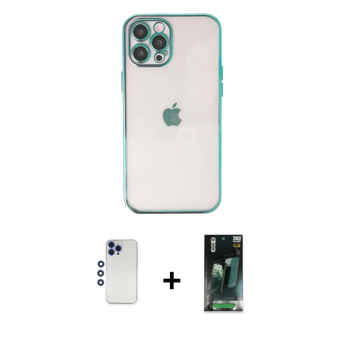 MARSİLYAN™- iPhone 12 Pro Max Kılıf Vadi Minimal - Şeffaf 360 Full Body Arka Koruyucu + Shine Kamera Lens - LT