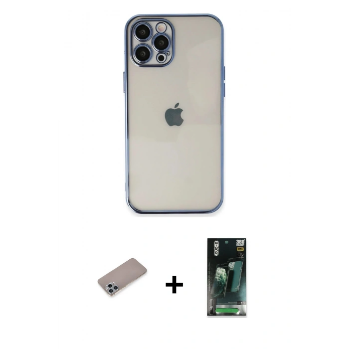 MARSİLYAN™- iPhone 12 Pro Max Kılıf Vadi Minimal - Şeffaf 360 Full Body Arka Koruyucu + Shine Kamera Lens Koruma Cam - SABE