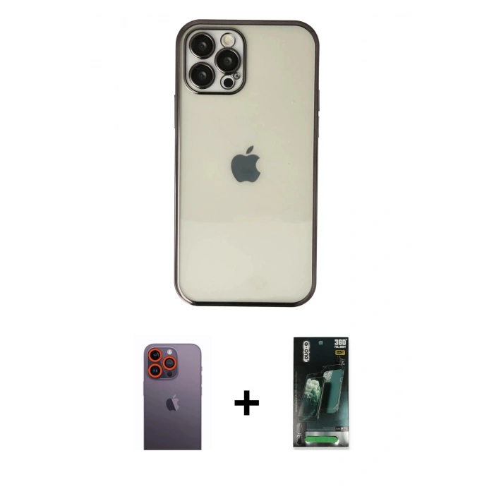 MARSİLYAN™- iPhone 12 Pro Max Kılıf Vadi Minimal - Şeffaf 360 Full Body Arka Koruyucu + Neon Fosforlu Kamera Lens - TU